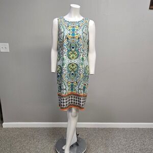 London Times Mini Shift Dress Plus Size 16 Boho Print Mandala Retro Mod 60 GoGo